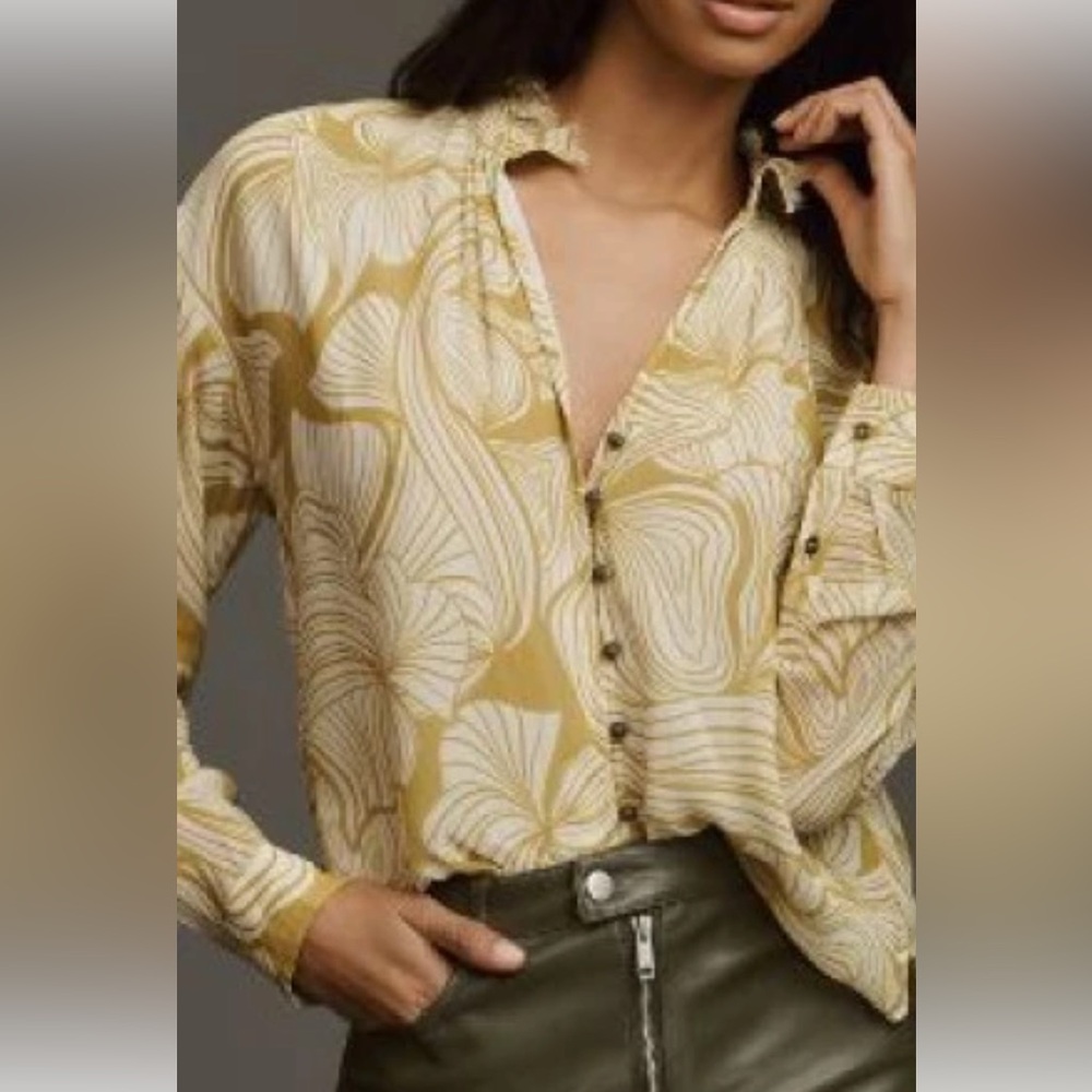 Anthropologie Pilcro The Tavi Buttondown Shirt Floral White Moss